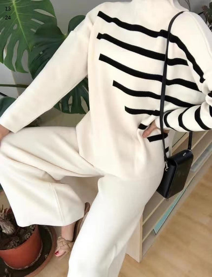 Striped Long-Sleeve Pullover with Coordinated Plain Trousers Ensemble Knitwear