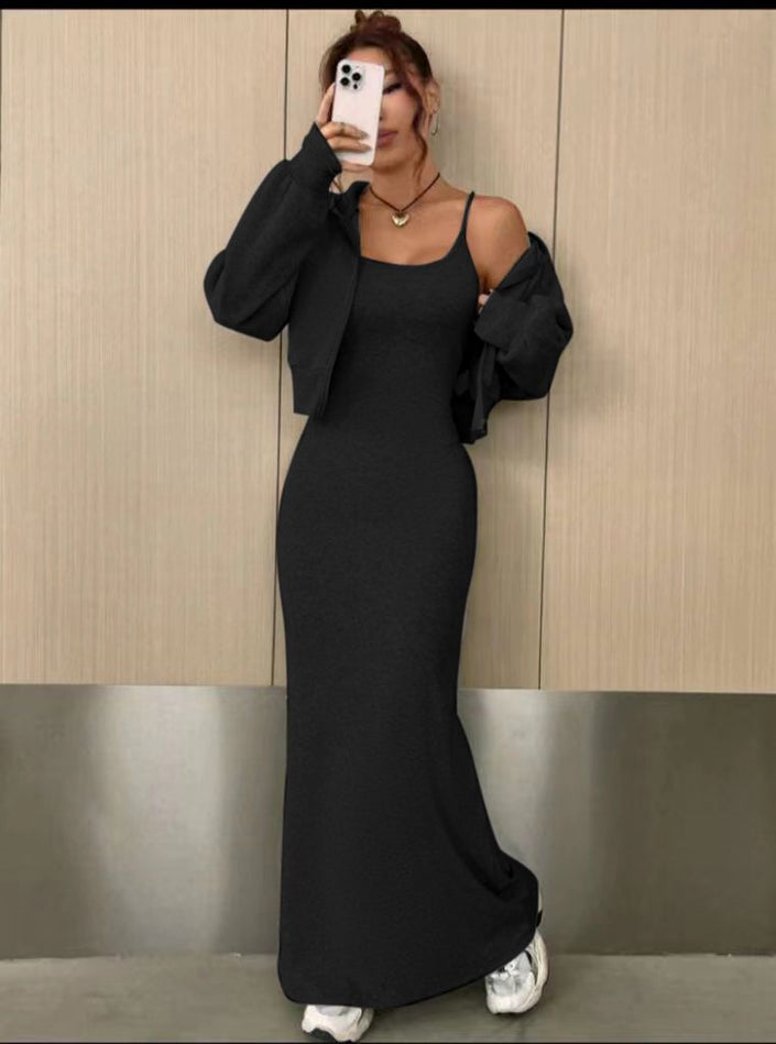 Twin Set Featuring Off-Shoulder Cardigan and Fitted Spaghetti Strap Maxi Dress