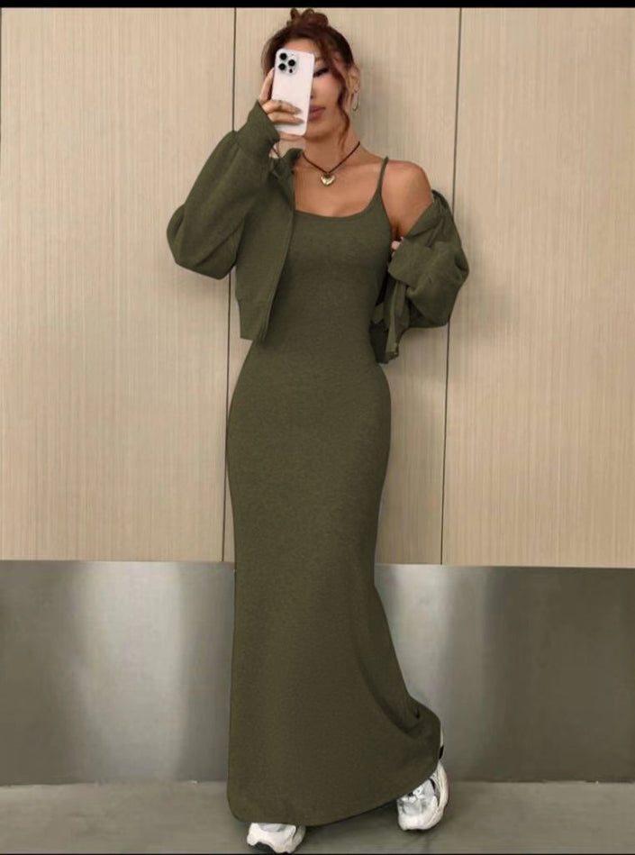 Twin Set Featuring Off-Shoulder Cardigan and Fitted Spaghetti Strap Maxi Dress