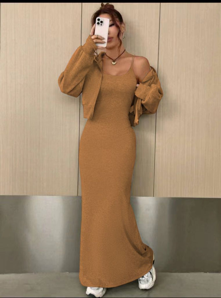 Twin Set Featuring Off-Shoulder Cardigan and Fitted Spaghetti Strap Maxi Dress