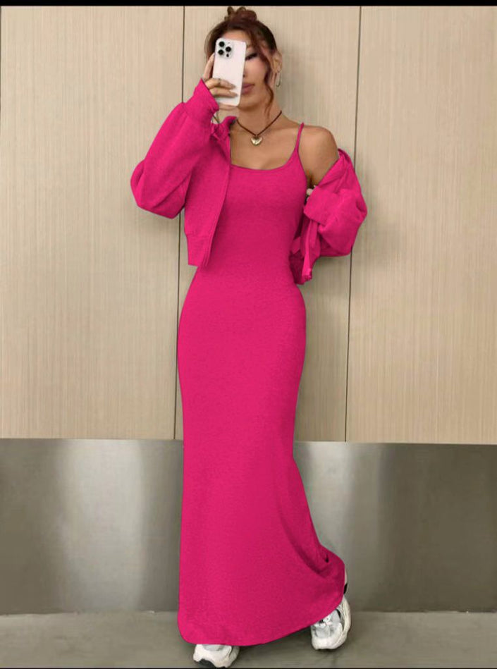 Twin Set Featuring Off-Shoulder Cardigan and Fitted Spaghetti Strap Maxi Dress