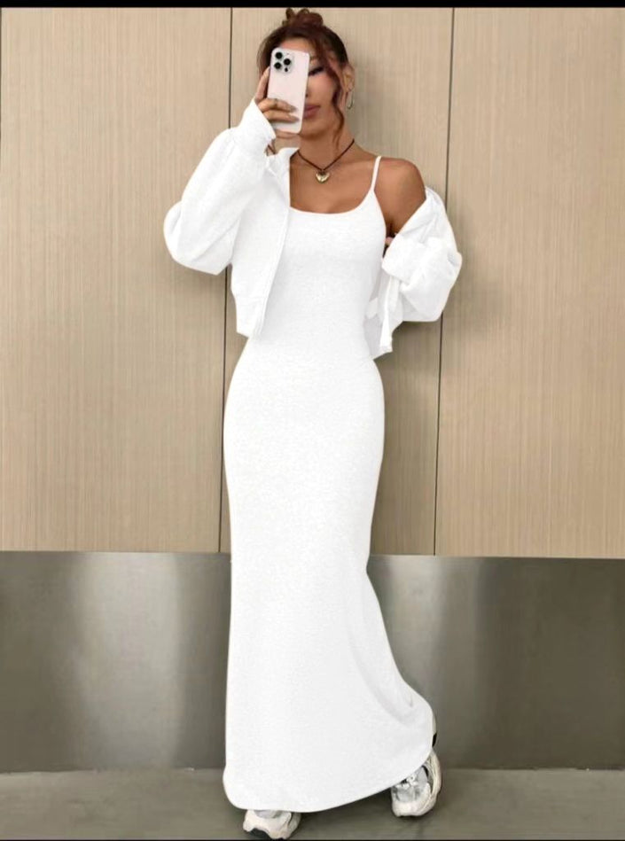 Twin Set Featuring Off-Shoulder Cardigan and Fitted Spaghetti Strap Maxi Dress