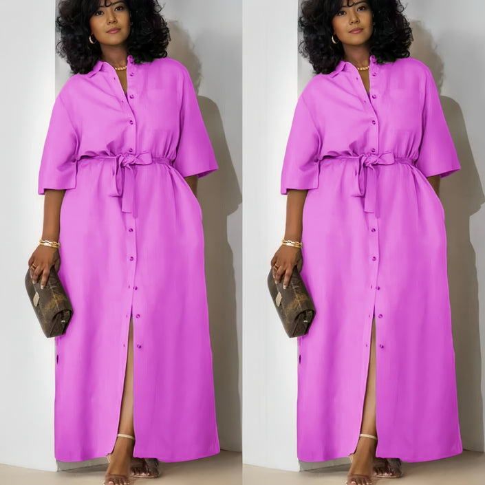Simple Mid-Sleeve Belted Long Dress