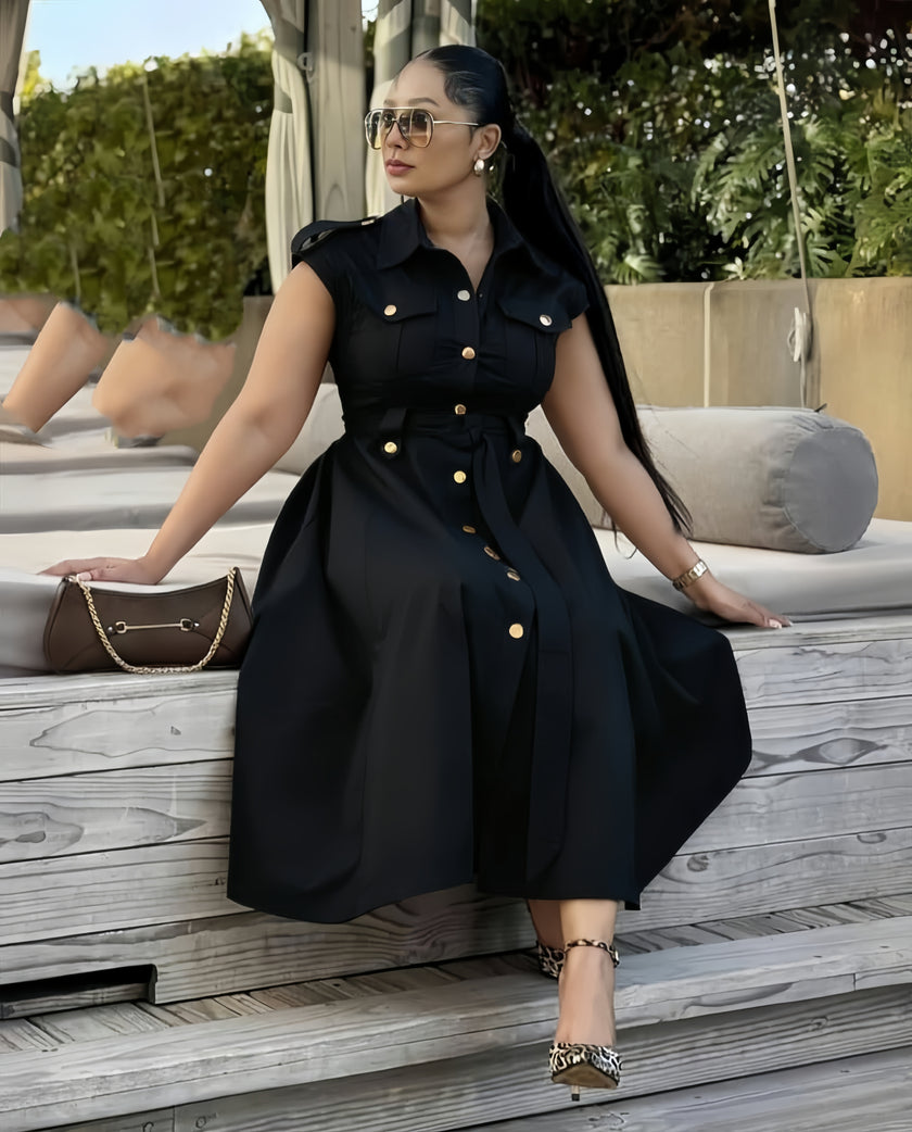 Shirt Dress with Gold Button Accents, Collared Neckline