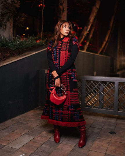 Red and Black Plaid Knitted Dress with Collar, Button Detail, and Tassel Hem