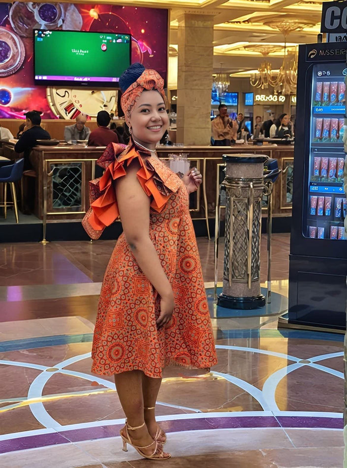 Single-shoulder design Ruffled details Traditional Dress