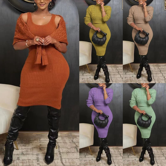 Chic Boat Neck Knit Top & Matching Knit Dress Duo