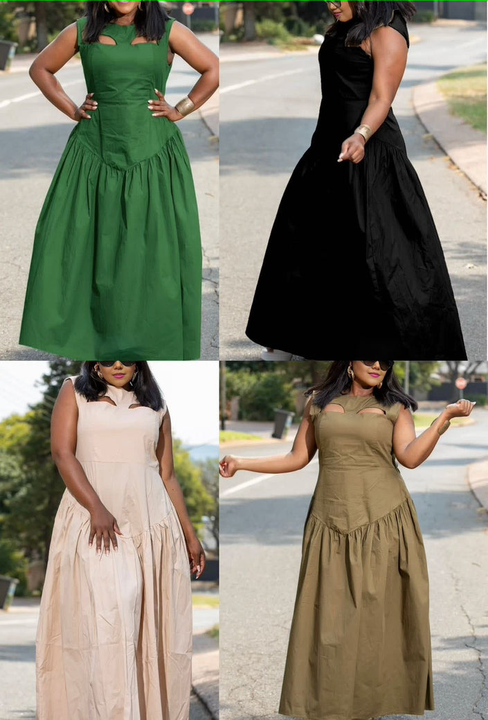 Chic Upper Cut-Outs with Classic Pleated Maxi Dress
