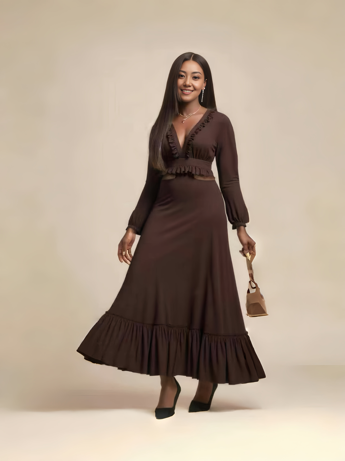 Long Sleeve V-Neck Ruffle Dress with Waist Cutout Design and Long Skirt Hem