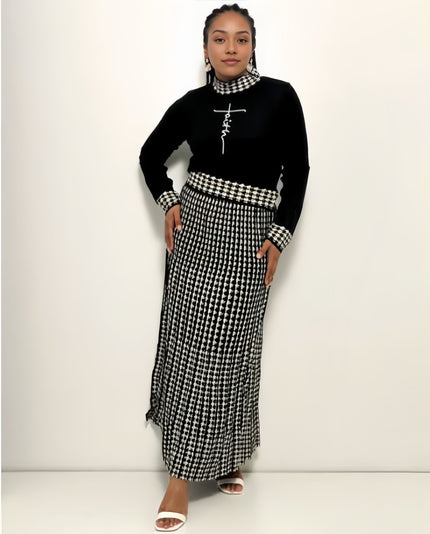 Houndstooth Knitted Two-Piece Set: Long-Sleeve Top and Skirt