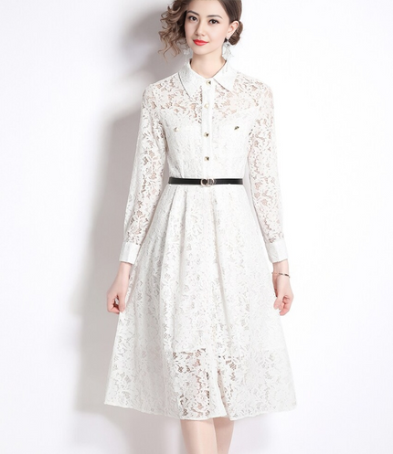 Elegant Lace Long-Sleeve Midi Dress - Button Front, Belted Waist, Flared Skirt