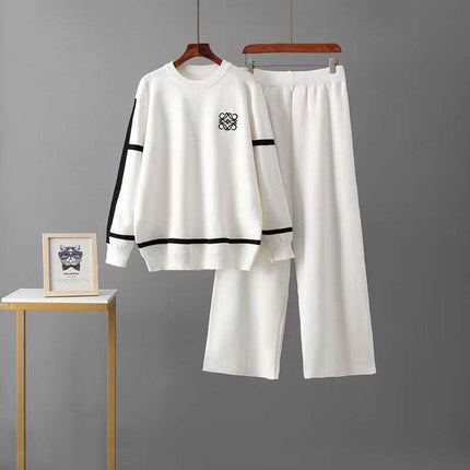 Knitted Two-Piece Casual Sportswear, Black Pattern on Chest, Black Stripes on Sleeves and Hem