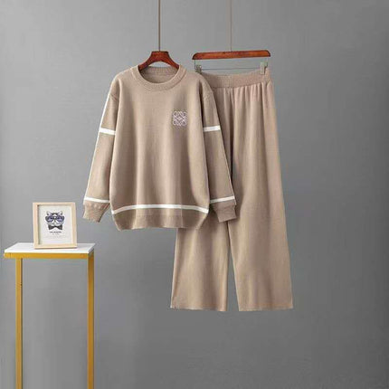 Knitted Two-Piece Casual Sportswear, Black Pattern on Chest, Black Stripes on Sleeves and Hem