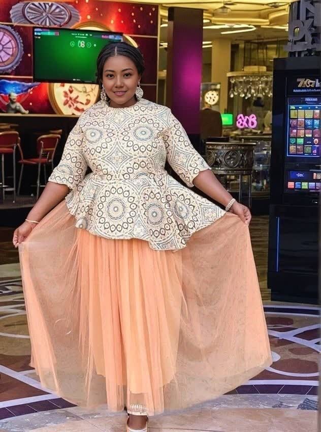 Women's Two-Piece Set - Sleeveless Geometric Pattern Top with Asymmetric Hem and Layered Long Tulle Skirt