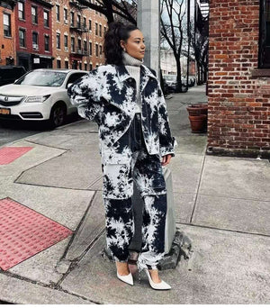 Black and White Tie-Dye Denim Jacket Set, Street Style Loose Jacket and Pants, Fashion Trend Design