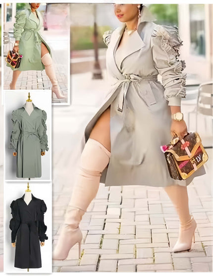 Women's Trench Coat with Ruched Sleeves and Belted Waist