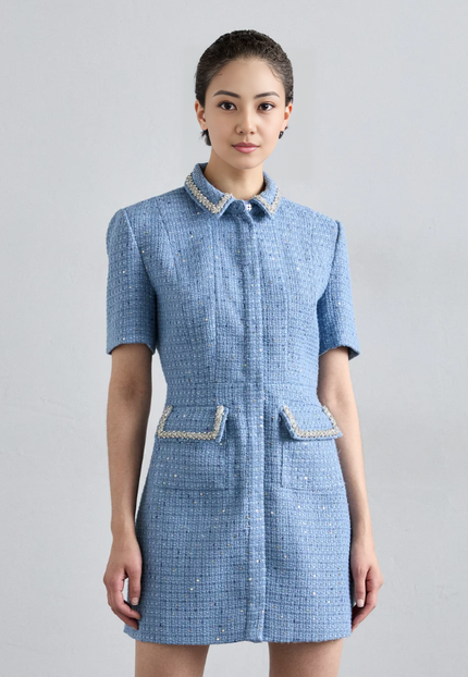 Women's Short Sleeve Collared Dress with Double Pocket Decoration