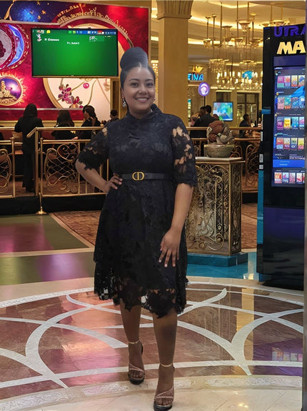 Lace Hollow-Out Short Sleeve Dress with Metal Buckle Waist Detail and Irregular Hemline