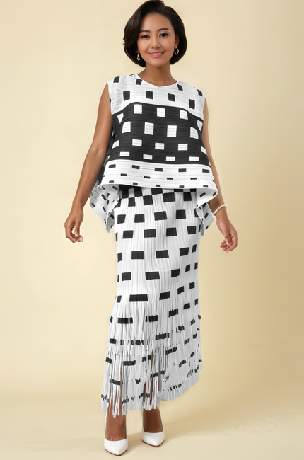 Geometric Pattern Sleeveless Top and Fringe Skirt Two-Piece Set - Layered Design