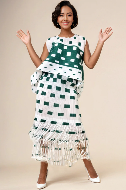 Geometric Pattern Sleeveless Top and Fringe Skirt Two-Piece Set - Layered Design
