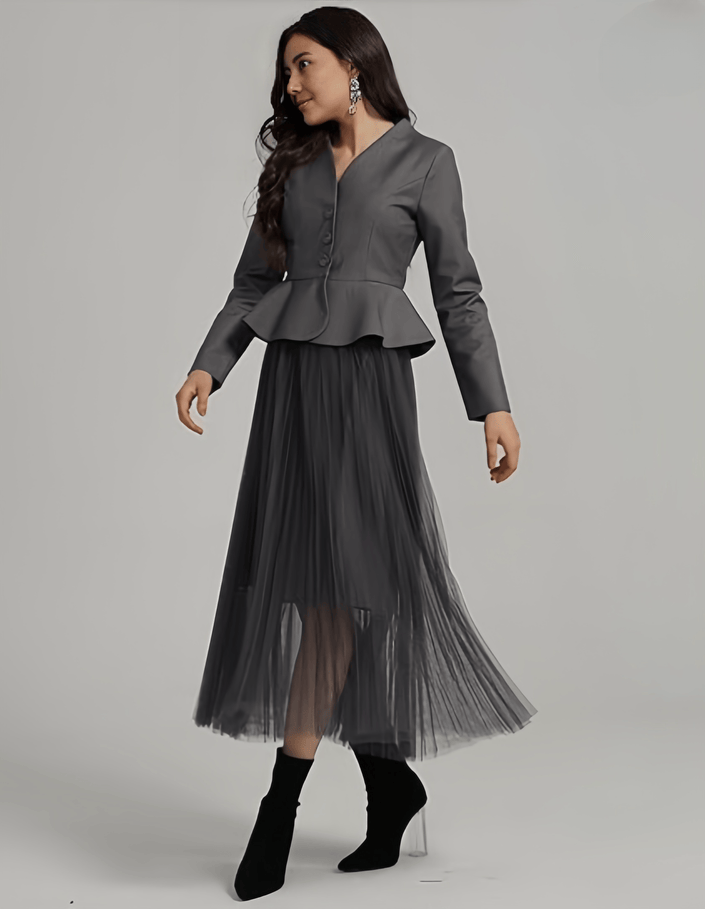 Elegant Two-Piece Outfit - Long-Sleeve Slim-Fit Top + High-Waist Mesh Skirt