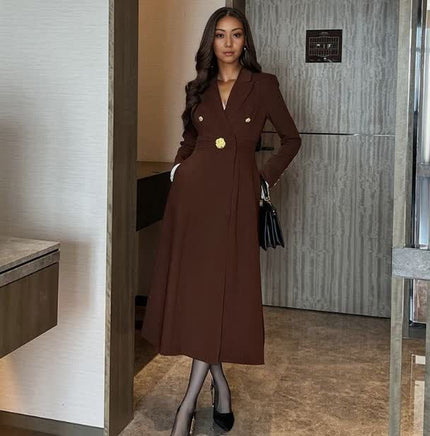 Women's  Long Coat Dress with Gold Button Detail