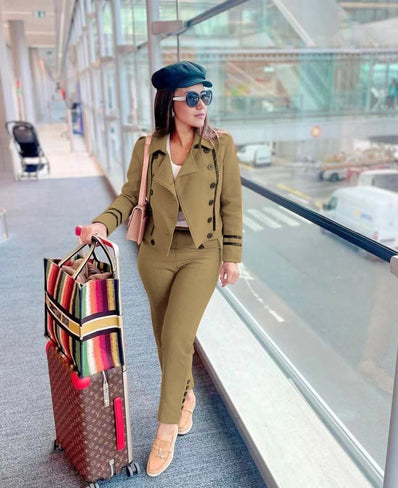 Women's  Double-Breasted Short Jacket and High-Waisted Pants Set with Decorative Buttons