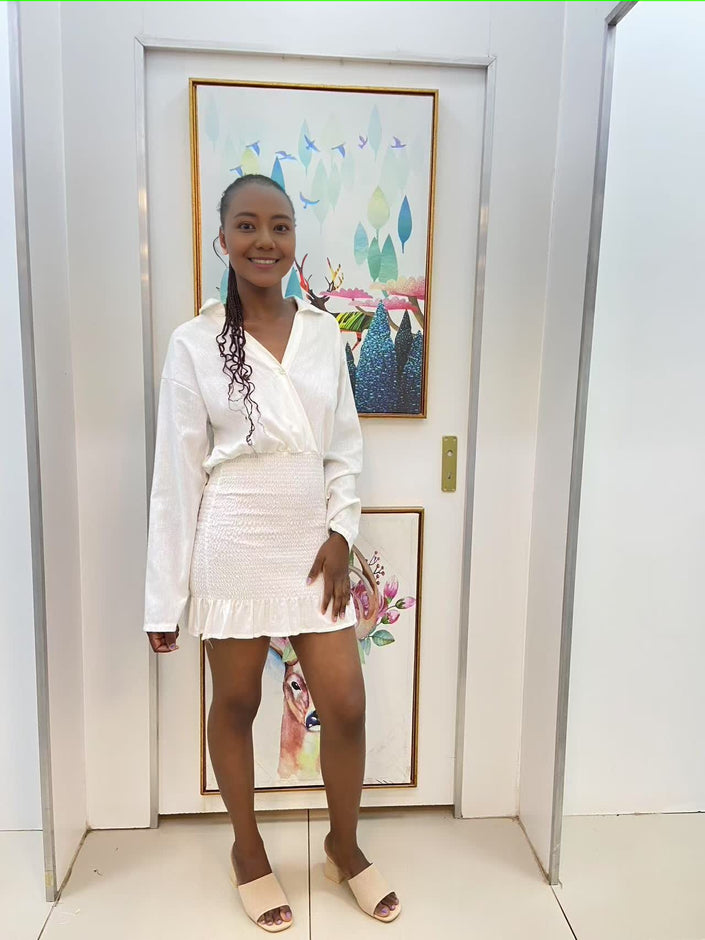 White Long Sleeve V-Neck Shirt with Ruffled High-Waist Short Skirt