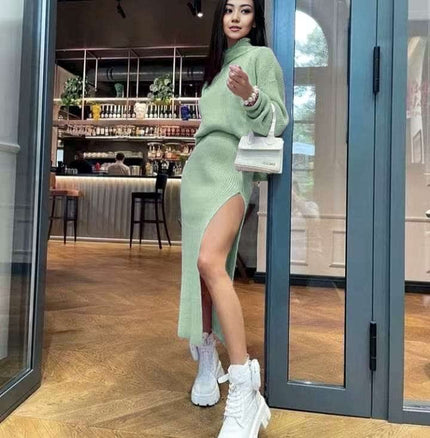 Long-Sleeve Turtleneck Slit Knitted Bodycon Dress with Fashionable and Sexy Hip-Hugging Design