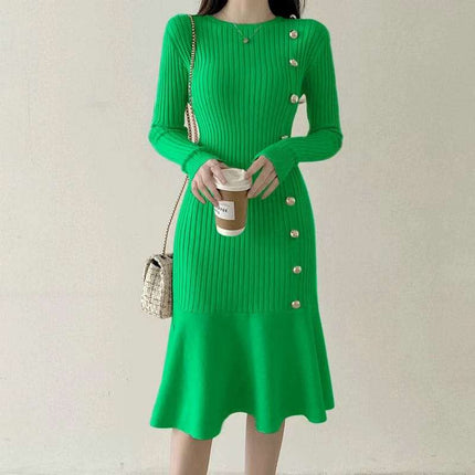 Women's Long Sleeve Knitted Dress with Vertical Stripes and Pearl Button Accents