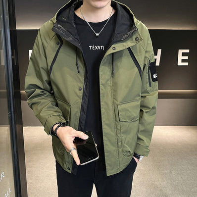 Men's hooded jacket, olive-green with black trim, zip-front and chest pockets