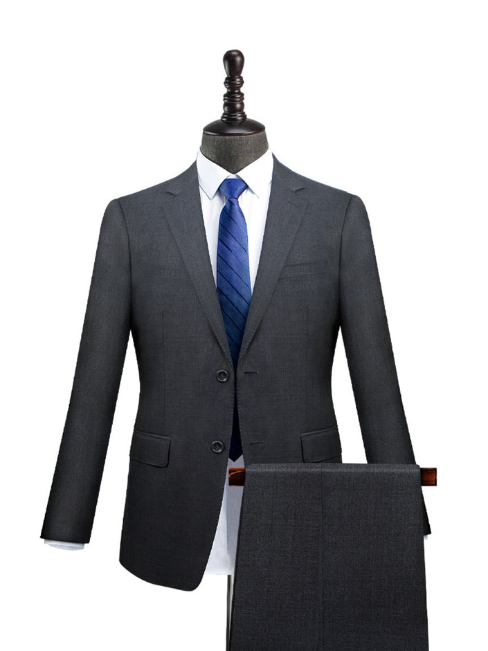Slim-fit dark grey suit jacket and trousers with notch lapels