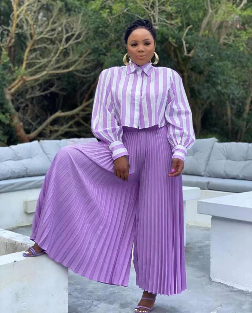 Striped button-front blouse and pleated wide-leg trousers twin set, light purple and white