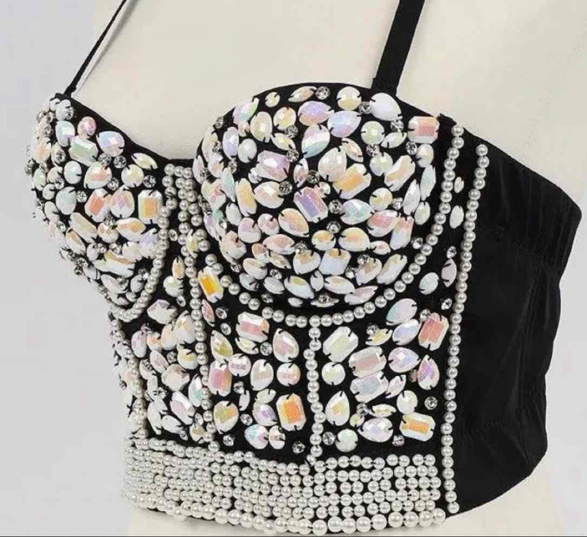 Embellished Sweetheart Bustier Top with Floral Appliqués and Pearl Draping