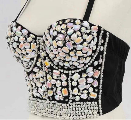 Embellished Sweetheart Bustier Top with Floral Appliqués and Pearl Draping
