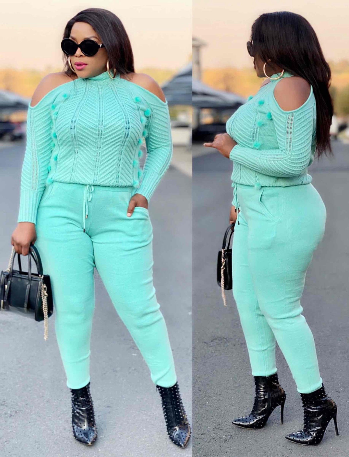Aquamarine off-shoulder knit top and high-waist pants with long sleeves, back detail