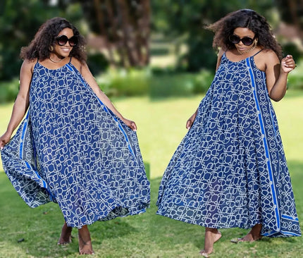 Sleeveless blue chain-link print maxi dress with flowing A-line skirt