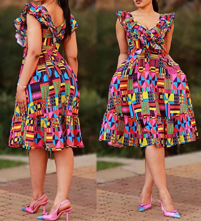 Geometric ruffle midi dress with colorful multicolor pattern and cap sleeves
