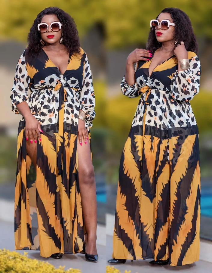 Leopard wrap maxi dress with long sleeves, V-neck and adjustable tie, yellow/black print