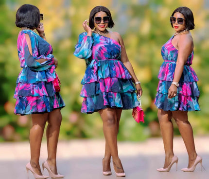 One-shoulder tiered floral mini dress in teal, pink, and blue with ruffle skirt