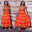 Plus-size floral maxi dress, sleeveless tiered orange with adjustable straps