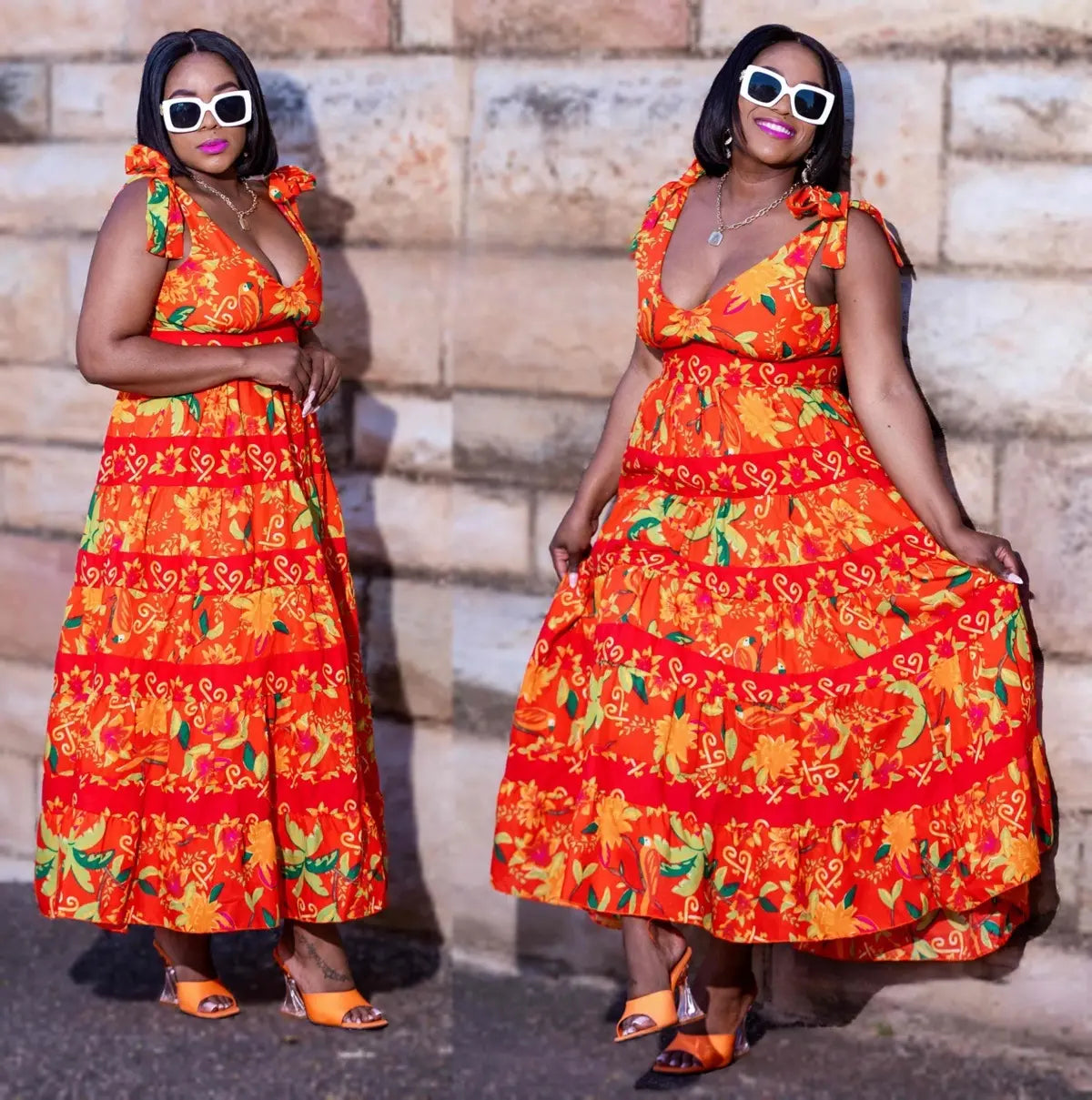 Plus-size floral maxi dress, sleeveless tiered orange with adjustable straps