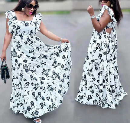 Floral maxi dress with cutout back, ruffle trim, white with black floral print