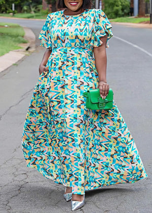 Geometric maxi dress with ruffle sleeves, multicolor teal blue yellow pattern