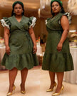 Green dotted wrap midi dress with ruffle sleeves
