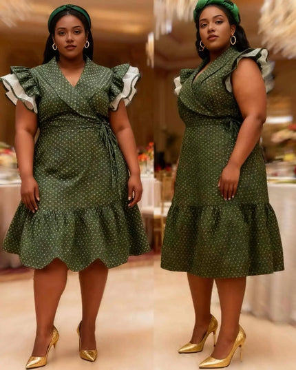 Dark green dotted wrap midi dress with ruffle cap sleeves and tiered hem