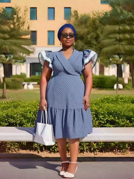 Blue printed ruffle sleeve vintage-style dress with tiered skirt