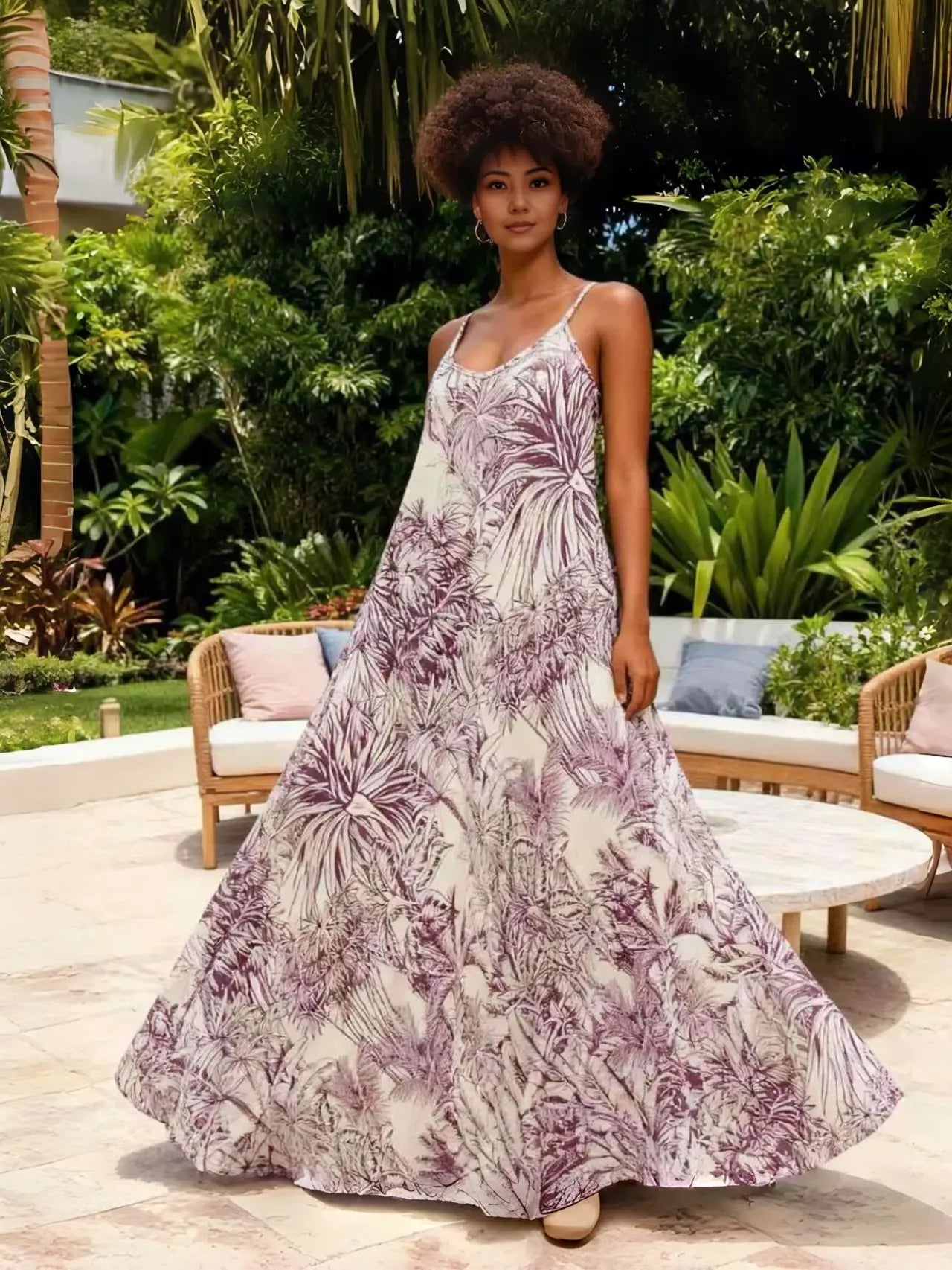 Floral tropical print maxi dress with spaghetti straps and flowy gathered skirt, purple