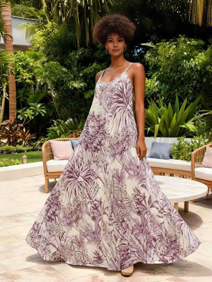 White and mauve tropical print maxi dress with spaghetti straps, flowy hem