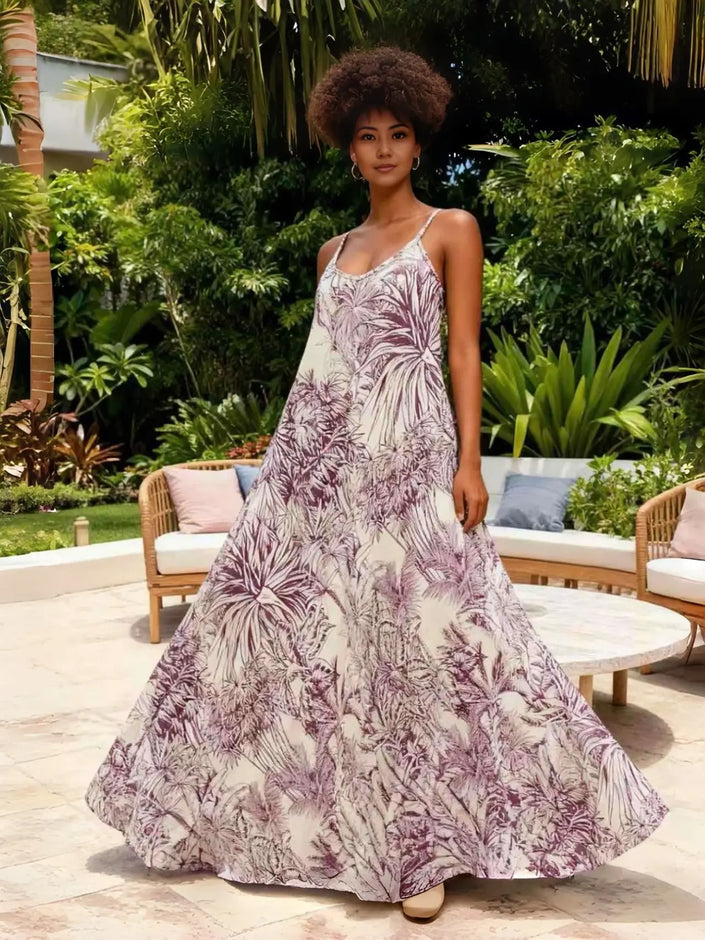 Floral tropical print maxi dress with spaghetti straps and flowy gathered skirt, purple